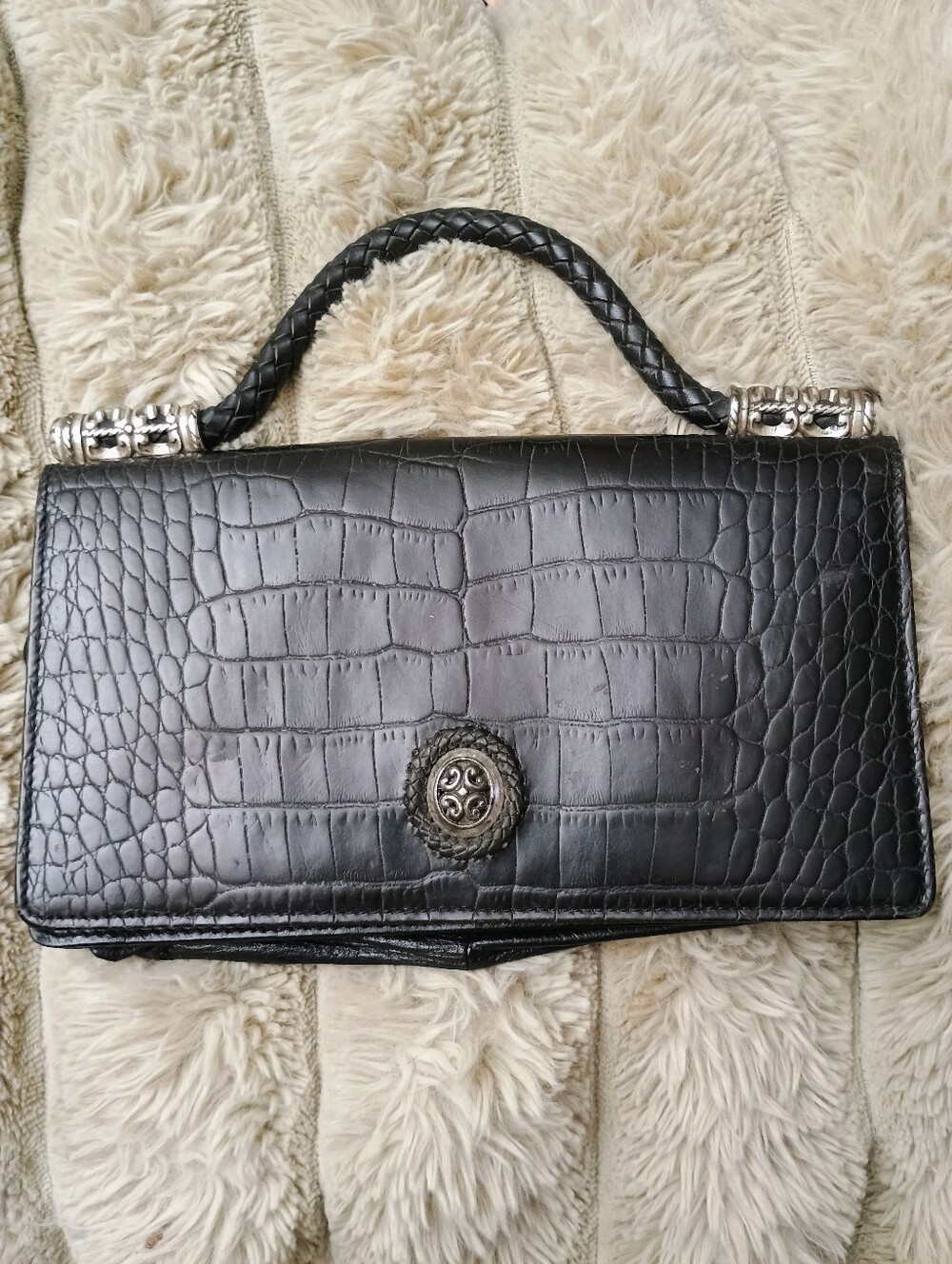 Vintage Brighton Black Croc-Embossed Organizer Wallet Clutch